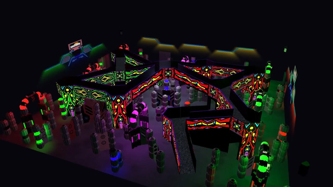 Mid-orbit view of the lit arena playfield